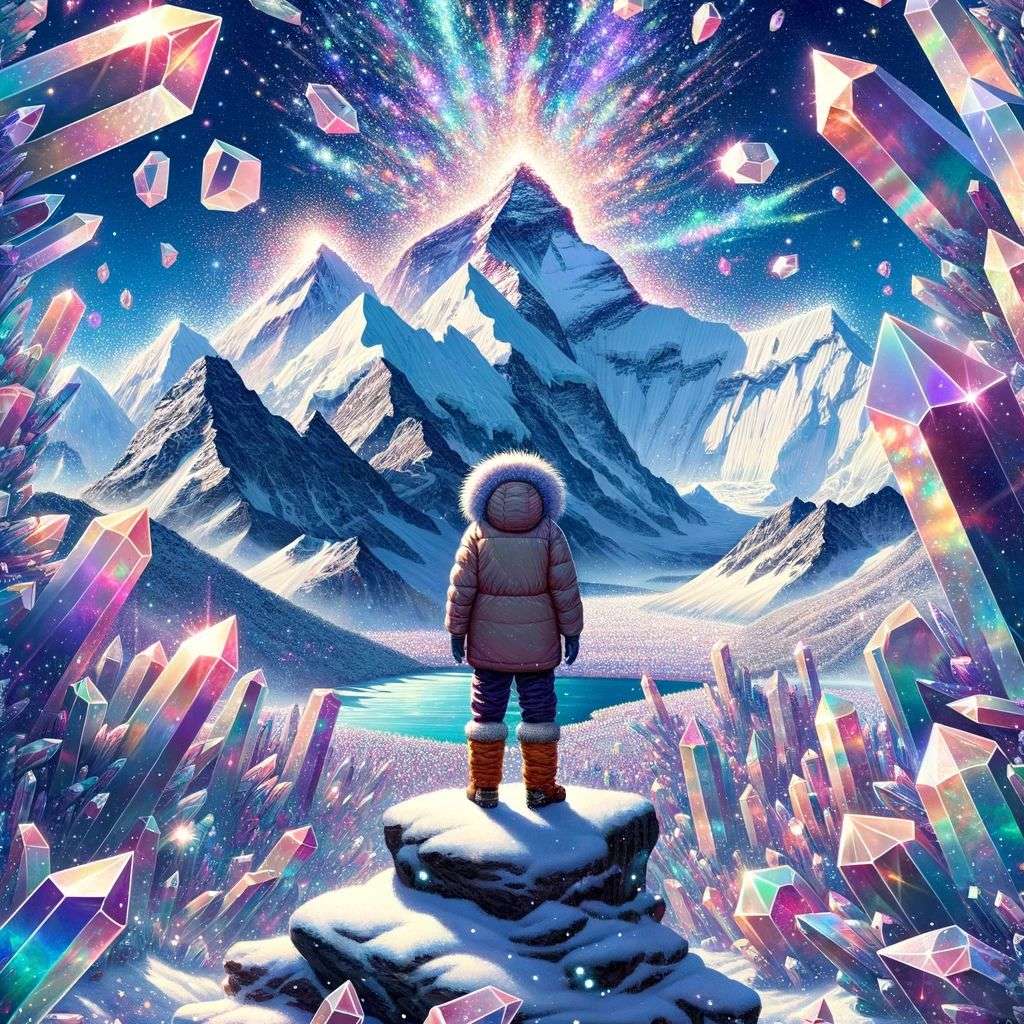 someone gazing at Mount Everest, covered in exploding crystals